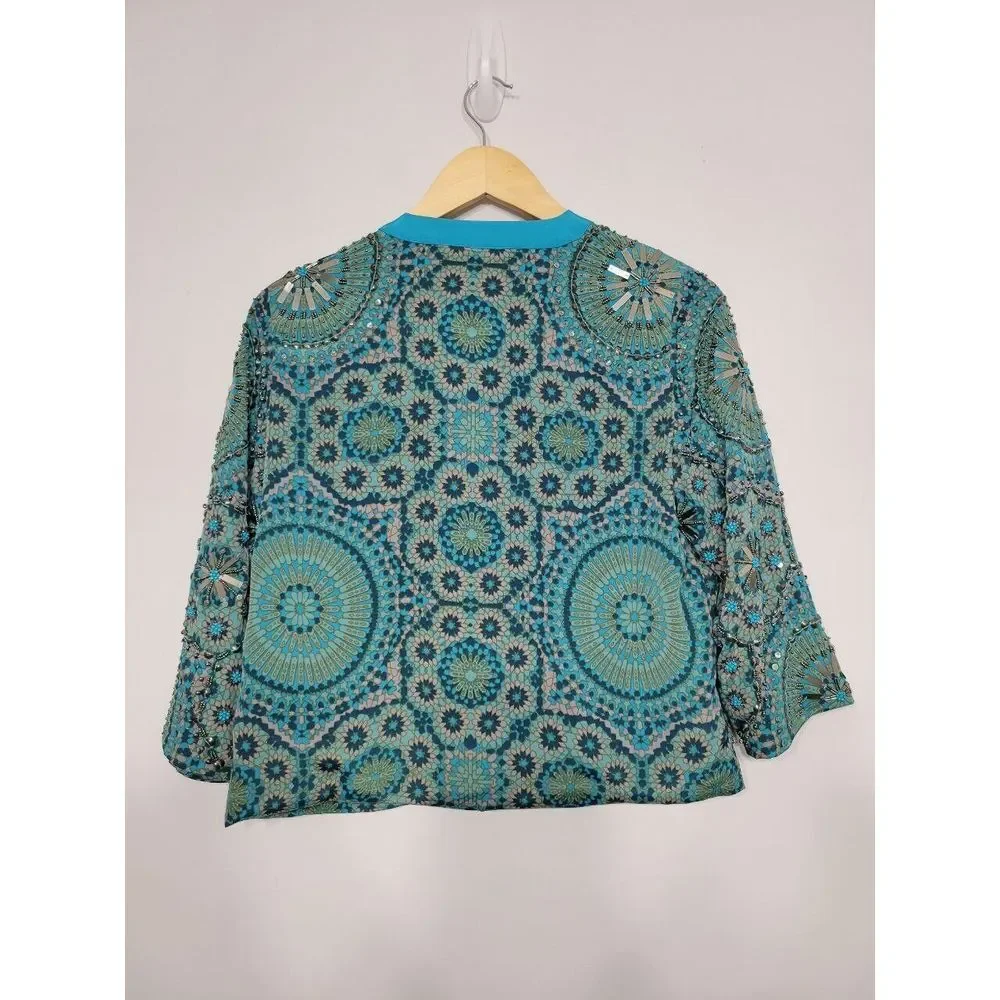 Soft Surroundings Open Geometric 3/4th Sleeve Cardigan‎ With Embellishments, XS